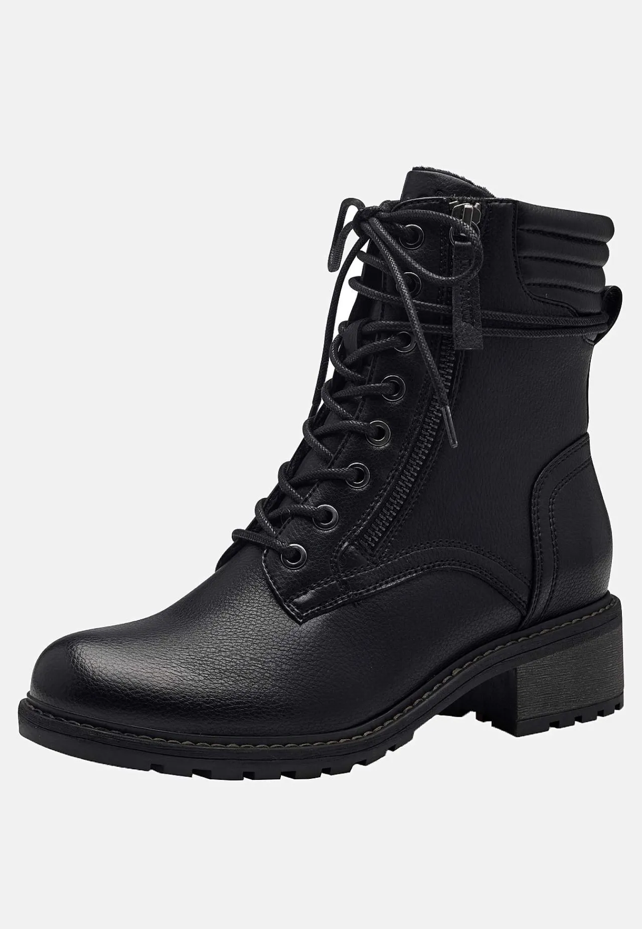 Bred Læst|Boots- Ankelstøvle med snøring og lynlås Sort