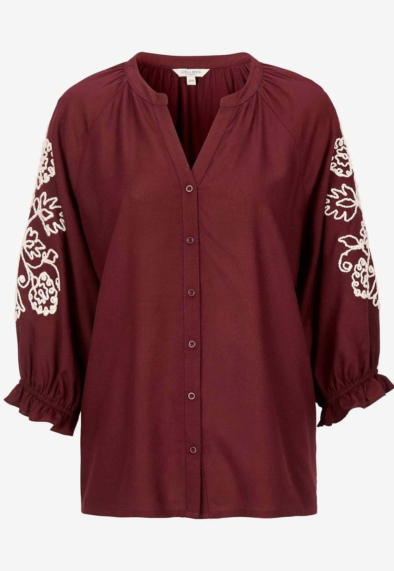 Bluser|Bluser Med Pufærmer- Bluse med broderi Vinrød/Lys beige