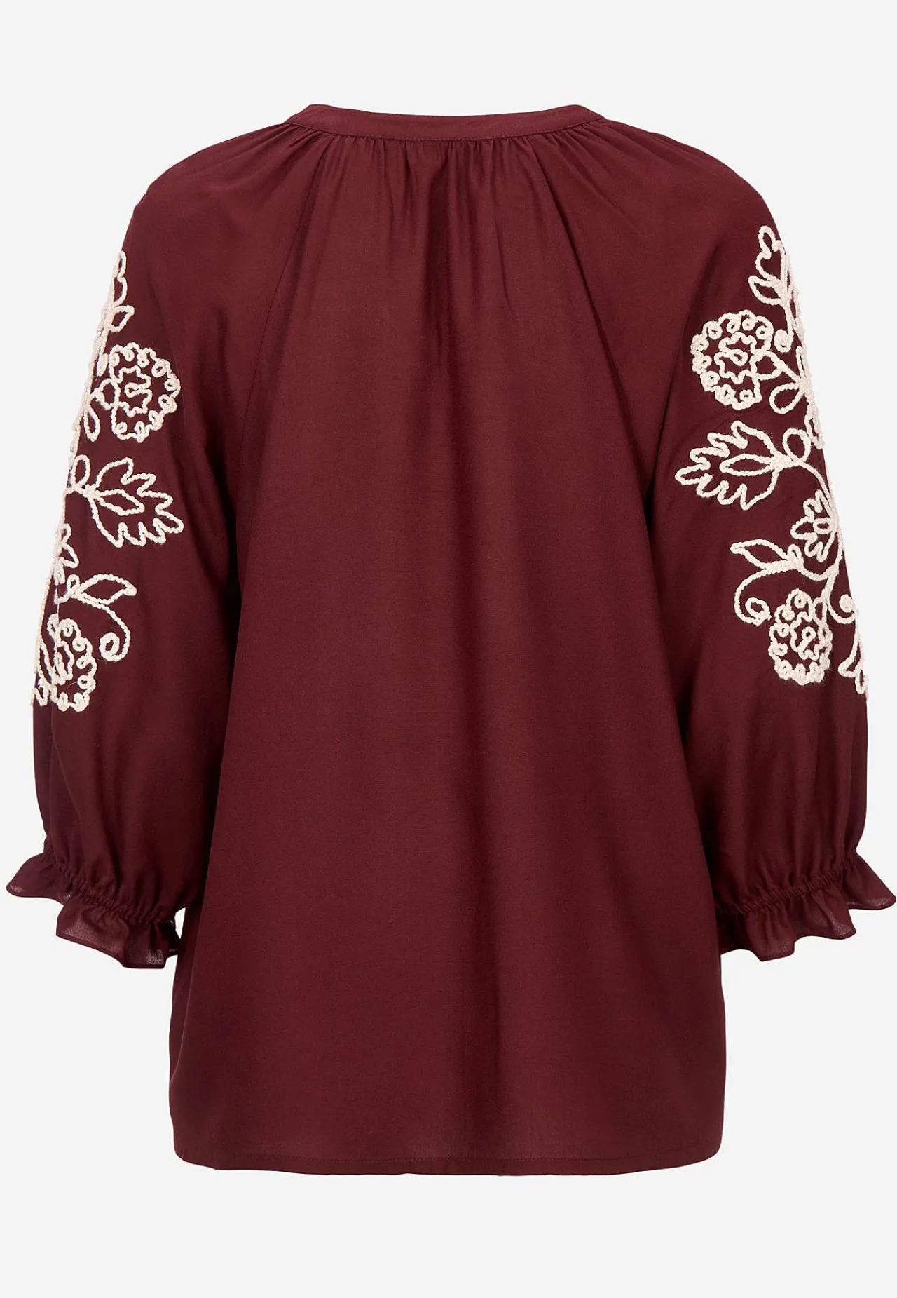 Bluser|Bluser Med Pufærmer- Bluse med broderi Vinrød/Lys beige