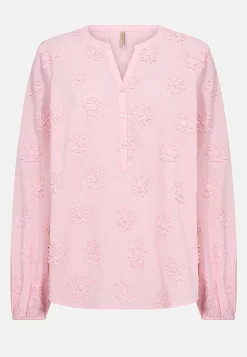 Bluser- Bomuldsbluse med blomsterapplikationer Rosa