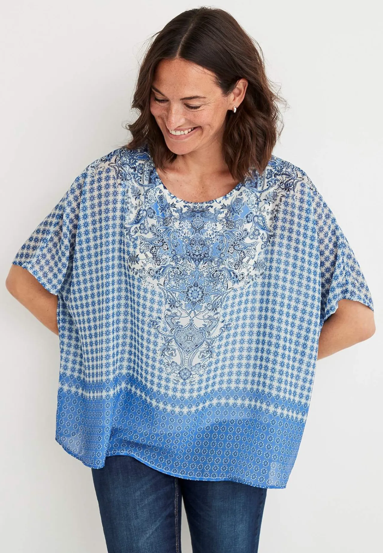 Bluser|Kortærmede- Chiffonbluse Blå / Mønstret