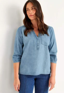 Denim|Denim-Toppe- Cowboyskjorte med brystlomme Lyseblå / Denim