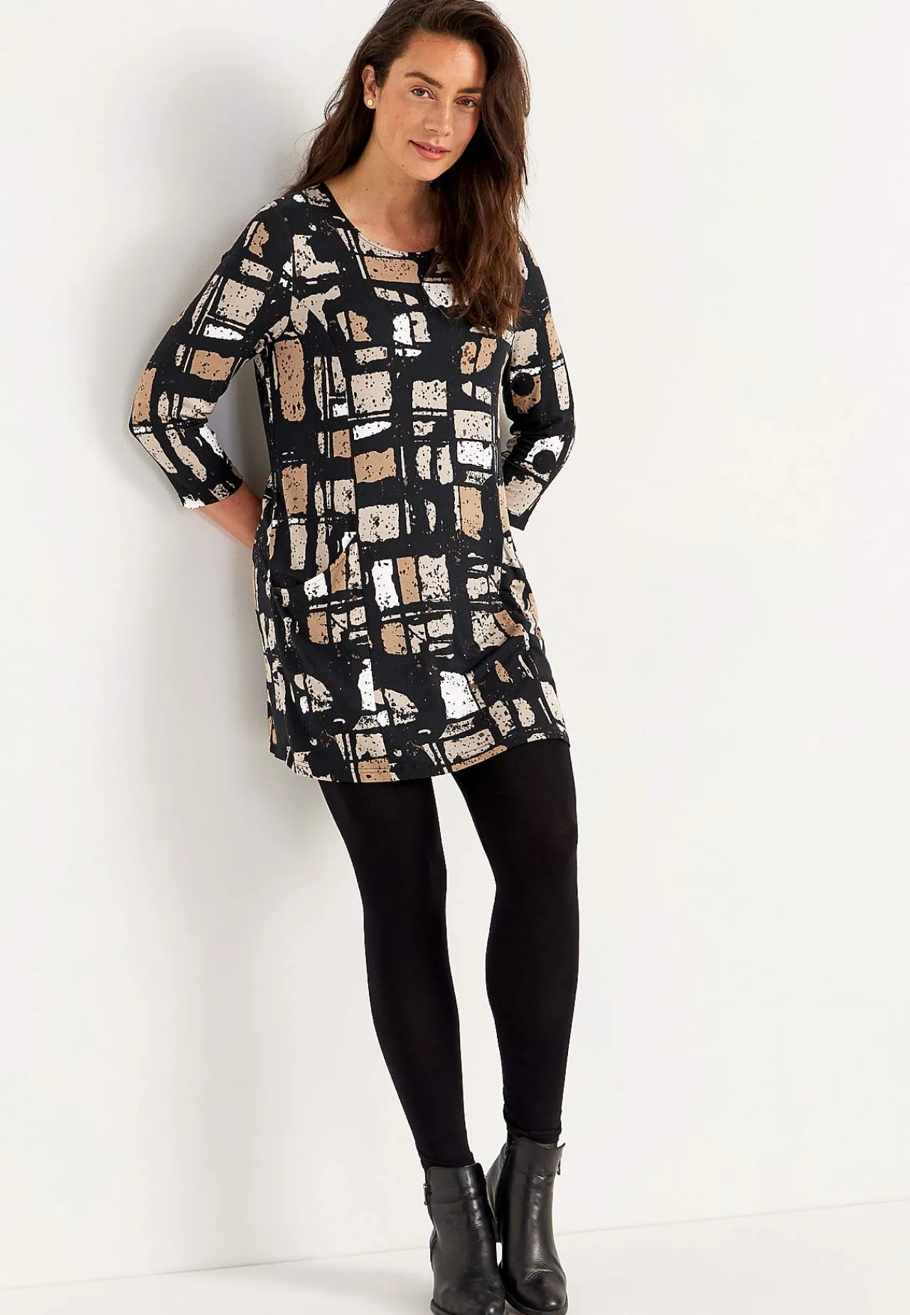 Mønstrede|3/4 Ærmet- Jerseytunika med lommer Beige / Sort / Mønstret