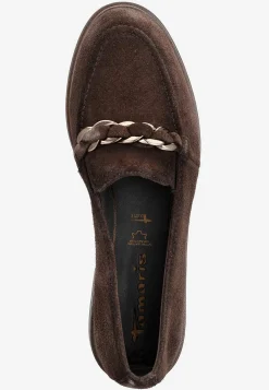 Lædersko|Loafers- Komfortable ruskindsloafers med kædedetalje Mørkebrun