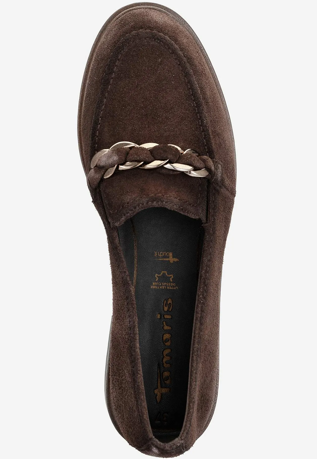 Lædersko|Loafers- Komfortable ruskindsloafers med kædedetalje Mørkebrun