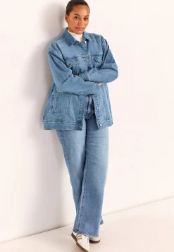 Forårsjakker|Denimjakker- Lang jeansjakke med stræk Mellemblå Denim
