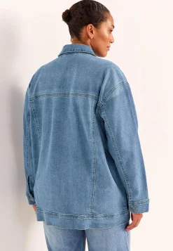 Forårsjakker|Denimjakker- Lang jeansjakke med stræk Mellemblå Denim
