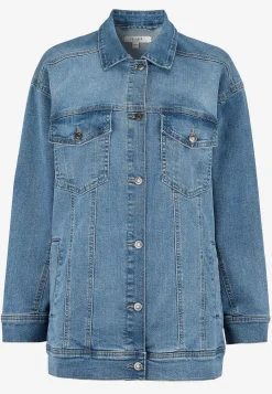 Forårsjakker|Denimjakker- Lang jeansjakke med stræk Mellemblå Denim