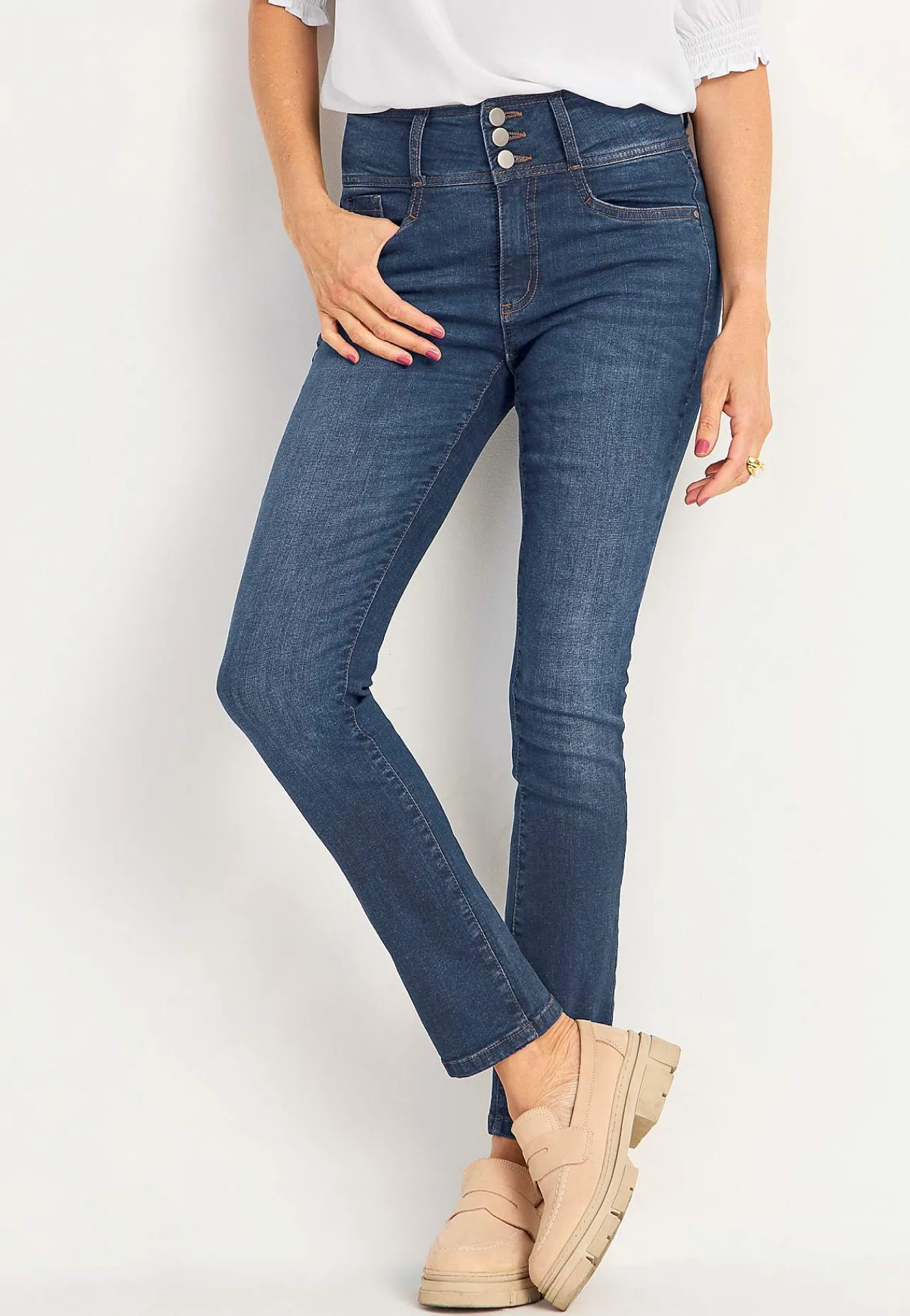 Høj Talje|Ankeljeans- Smalle jeans med høj talje - tre længder Jennifer Mørkeblå / Denim