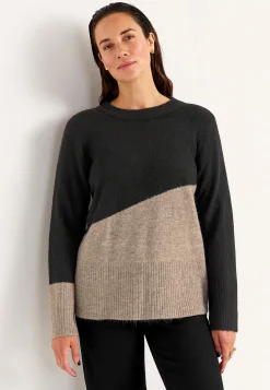 Trøjer|Striktrøjer- Strikket trøje med afrundet krave Sort / Beige