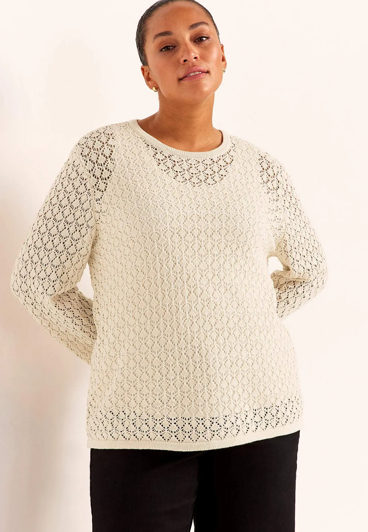 Trøjer|Striktrøjer- Strikket trøje med hulmønster Lys beige