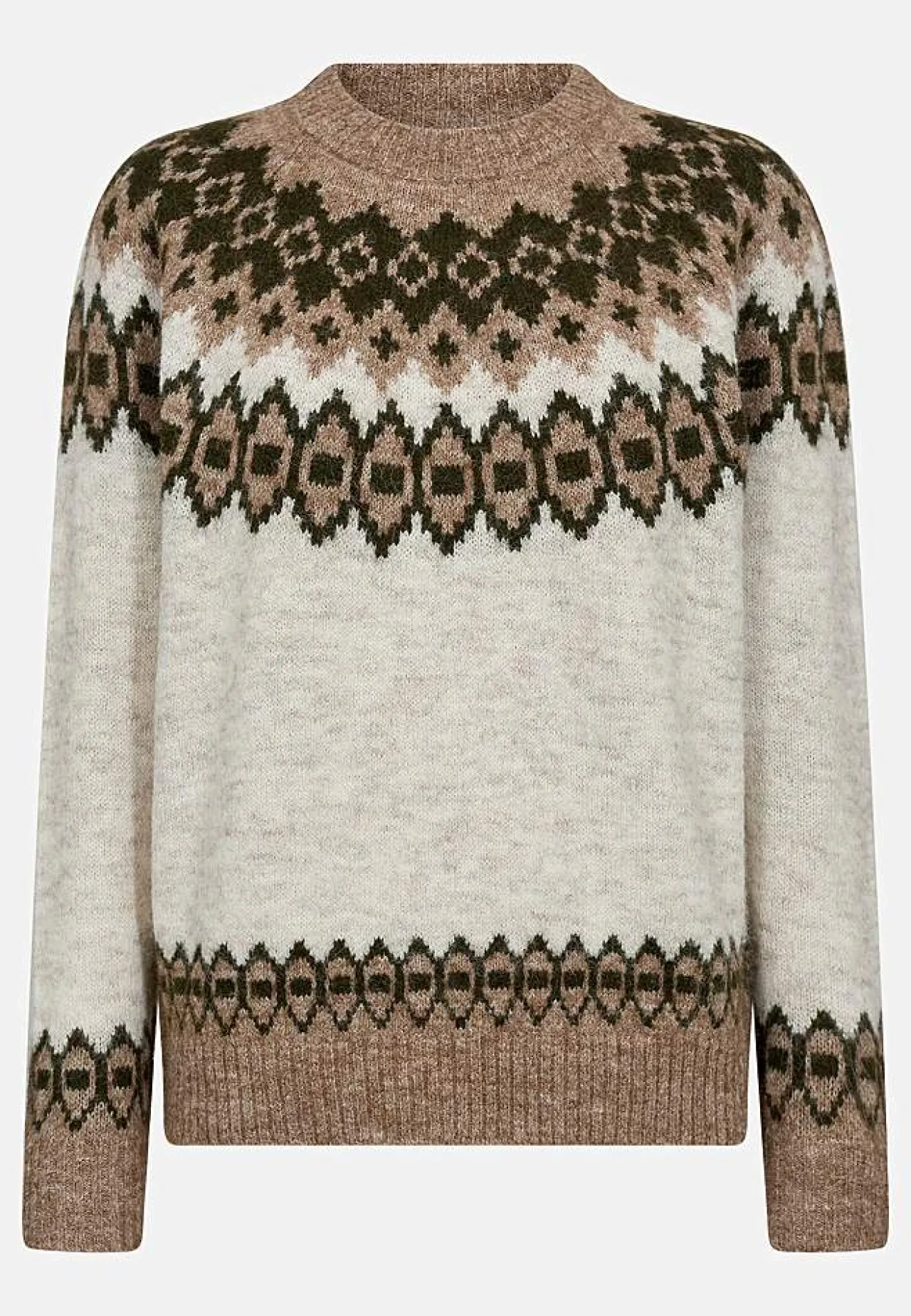 Trøjer|Striktrøjer- Strikket trøje med jacquardmønster Beige melange/mønstret