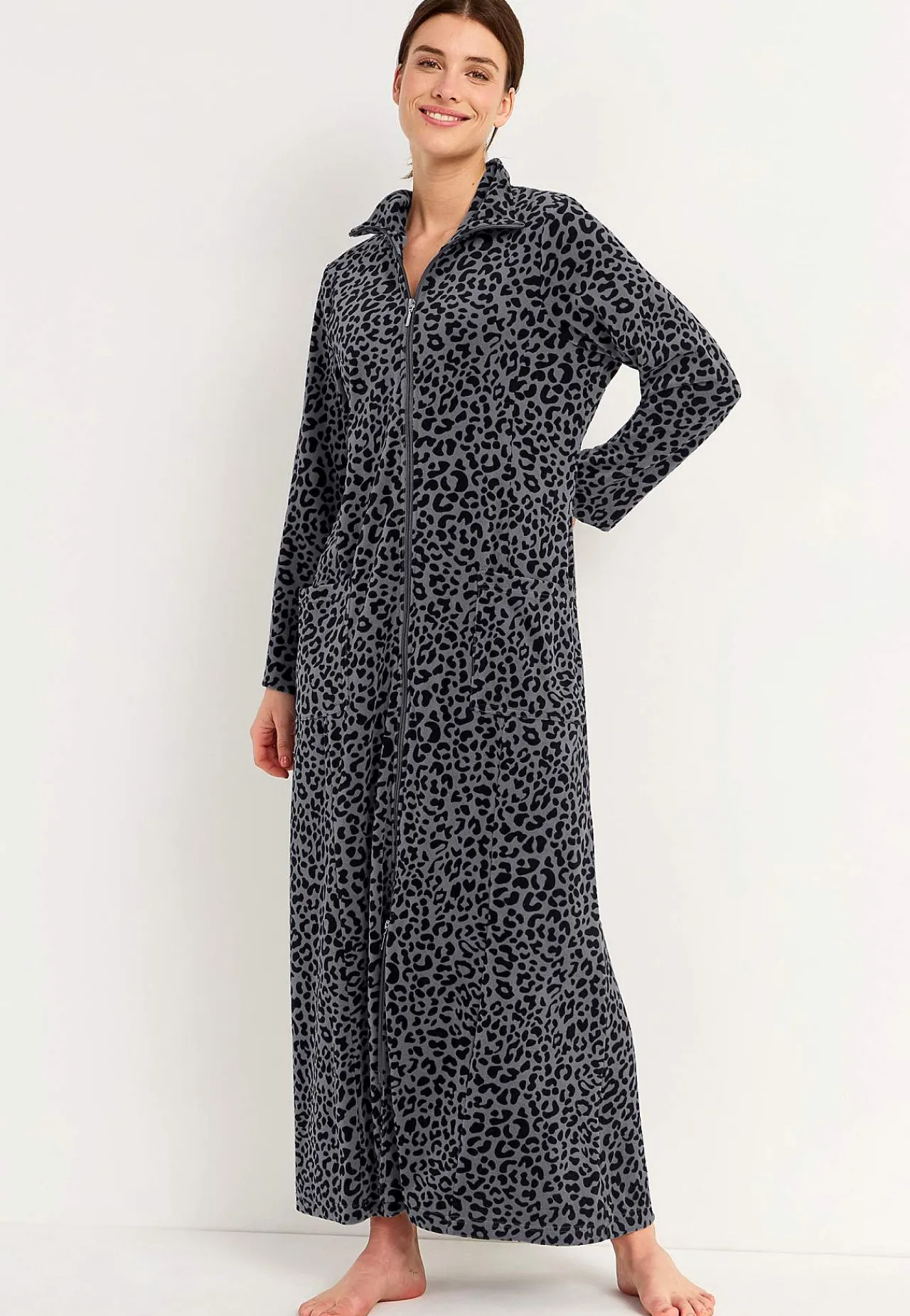 Undertøj|Nat- Og Hyggetøj- Velour, lang morgenkåbe Wilma Leopard