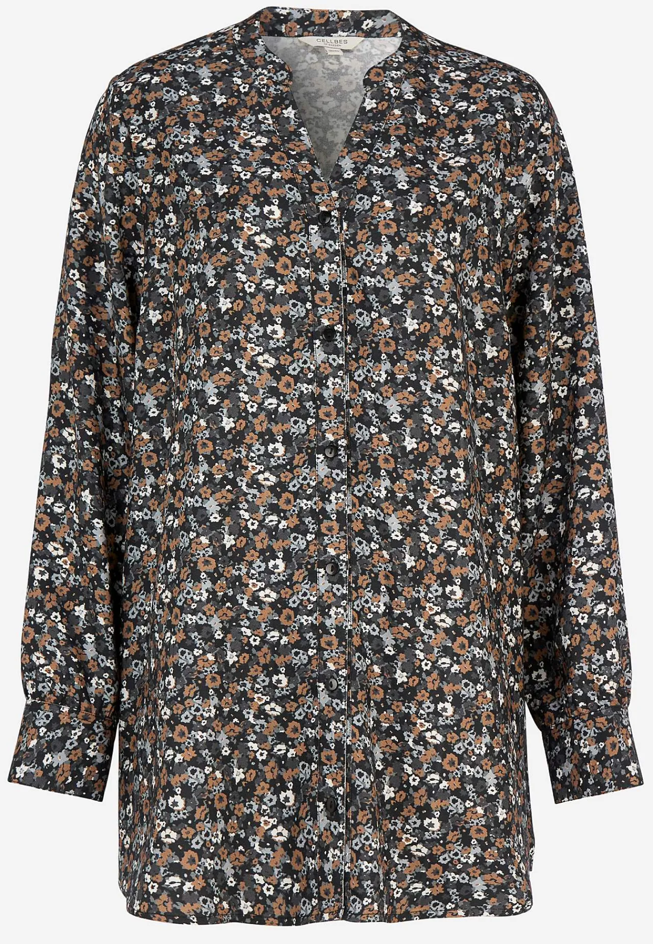 Mønstrede- Vævet tunika med knapper Sort/nougat/blomstret